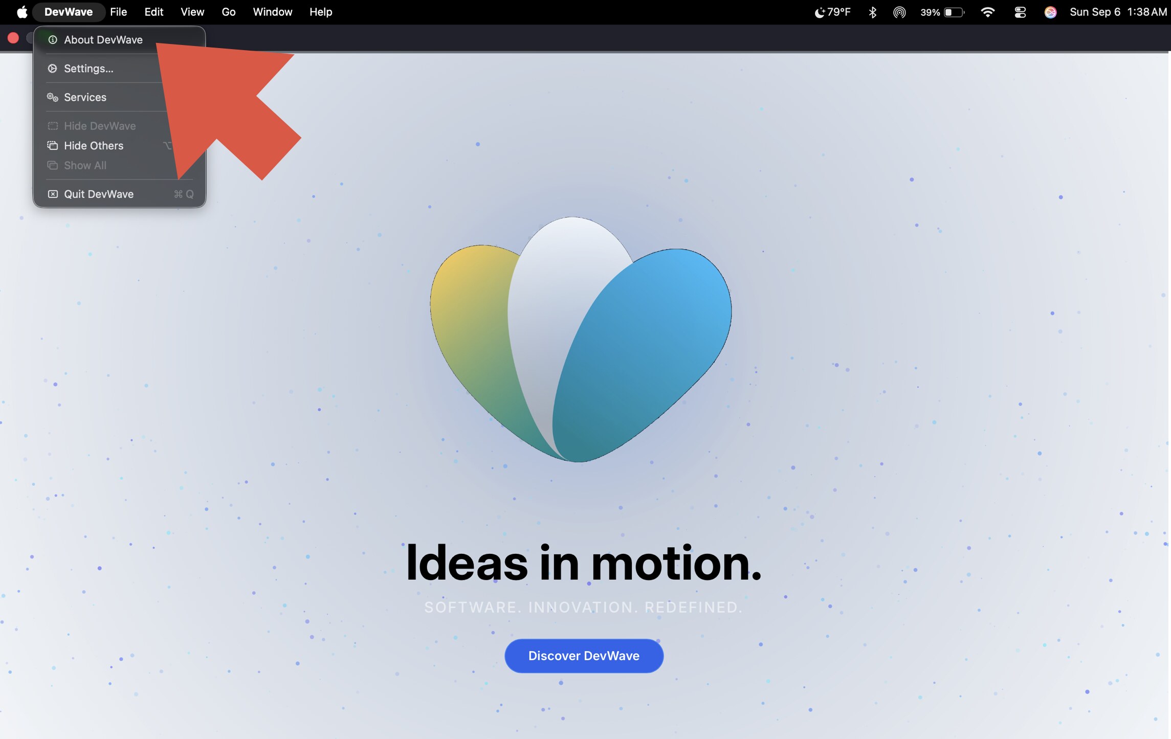 DevWave desktop web app with the DevWave menu open and About DevWave highlighted