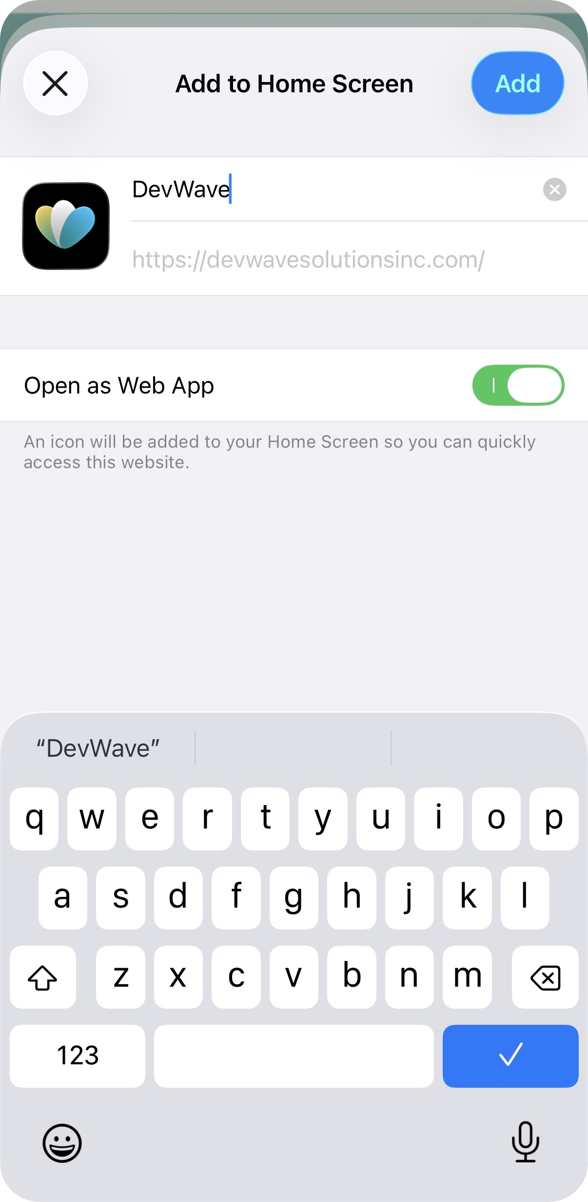 iPhone showing Add to Home Screen confirmation dialog