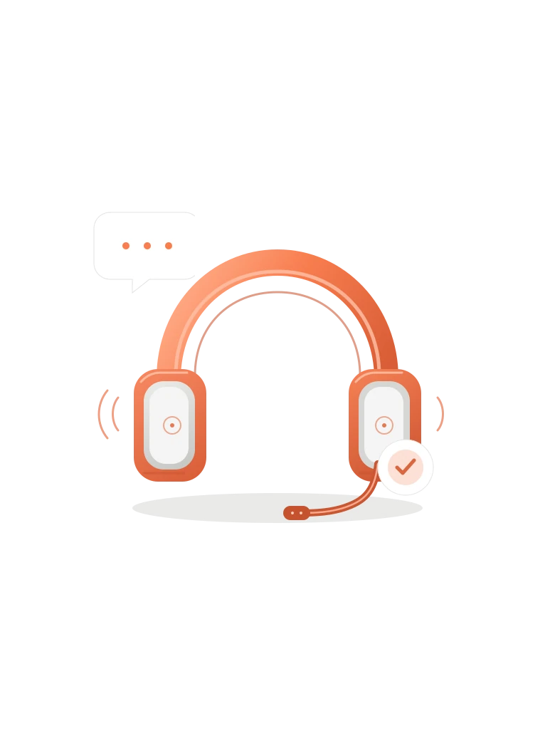 Orange customer-support headset with microphone, chat bubble, and resolved check